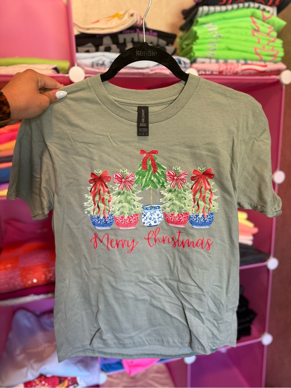 Gildan Sage Green Merry Christmas Potted Tree Tee
